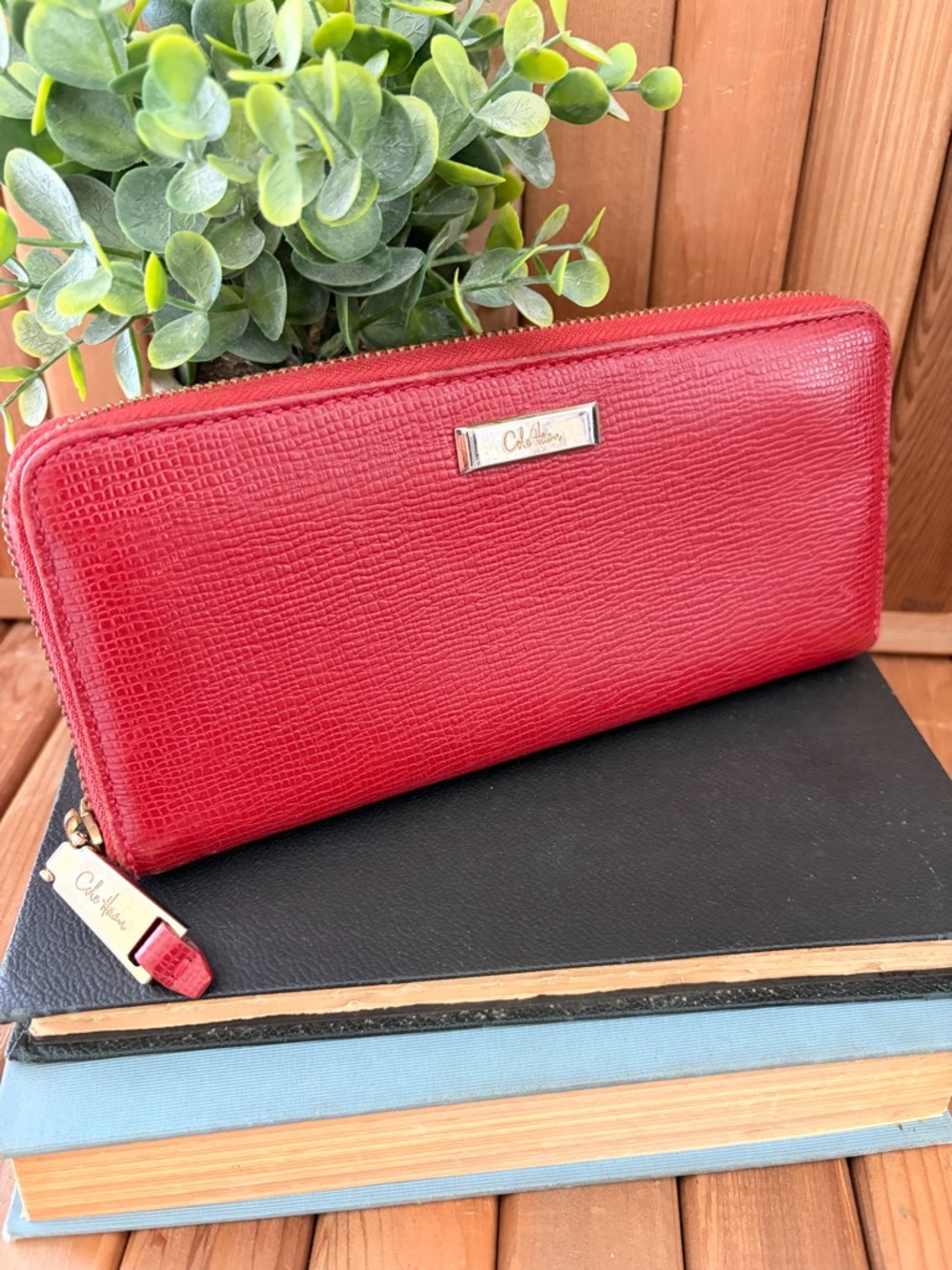 Cole Haan Red Leather Zip Around Wallet Organizer Gold Hardware